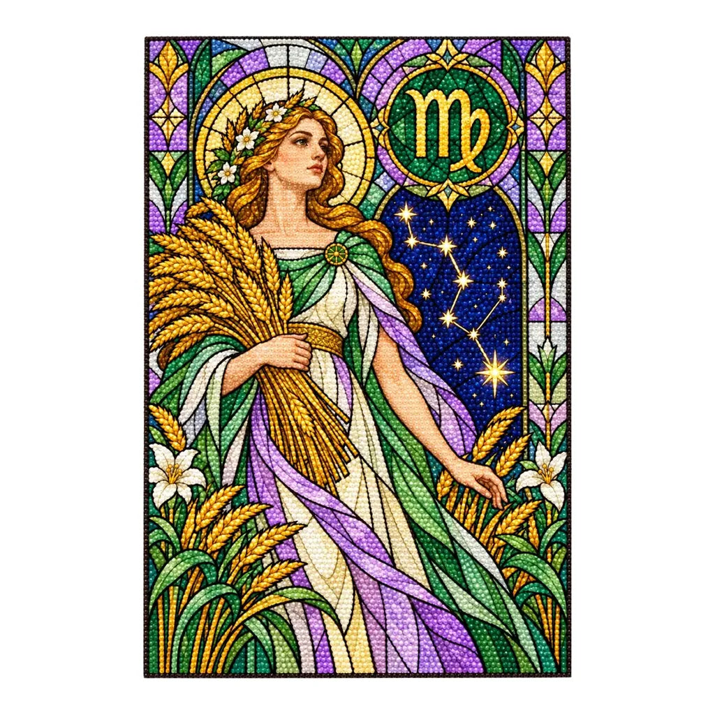 Virgo maiden with wheat and zodiac symbol, finished diamond painting on white background