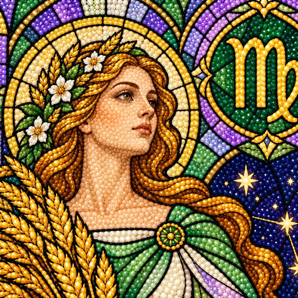 Virgo maiden with wheat and zodiac symbol, close-up drill detail