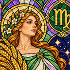 Virgo maiden with wheat and zodiac symbol, close-up drill detail