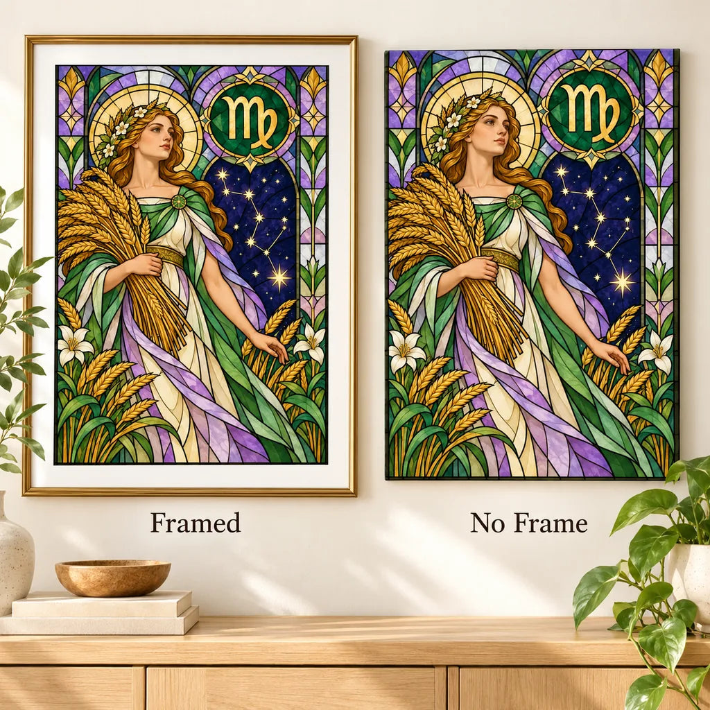 Virgo maiden with wheat and zodiac symbol, framed and no-frame style comparison