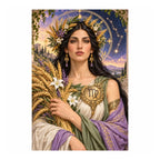 Original artwork of a Virgo maiden holding wheat beneath a starry arch.
