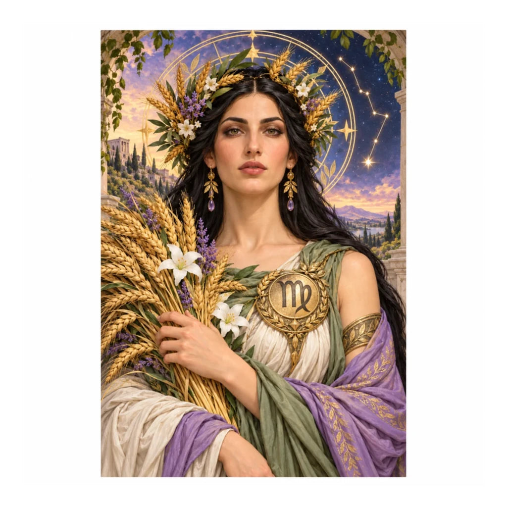 Original artwork of a Virgo maiden holding wheat beneath a starry arch.