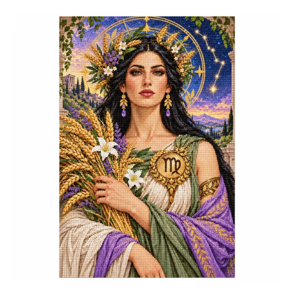 Completed diamond painting of a Virgo wheat maiden beneath a starry sky.