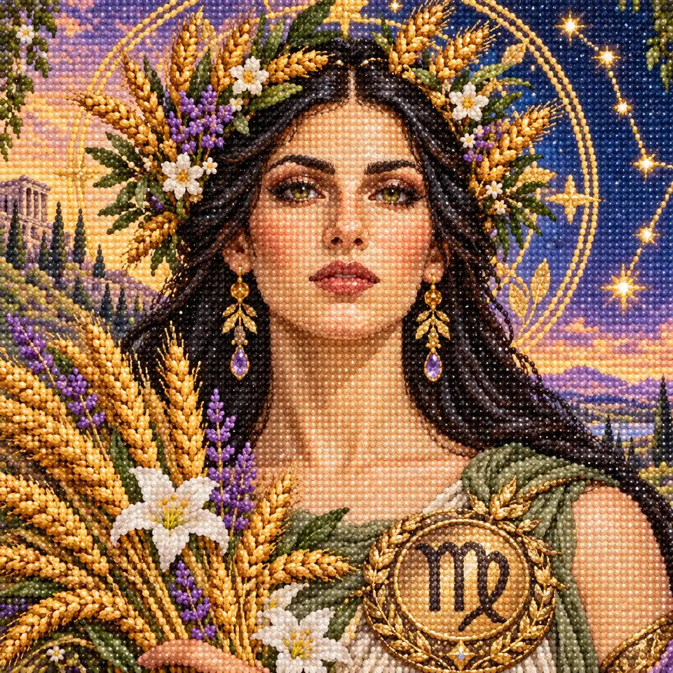 Close-up diamond detail for Virgo wheat maiden