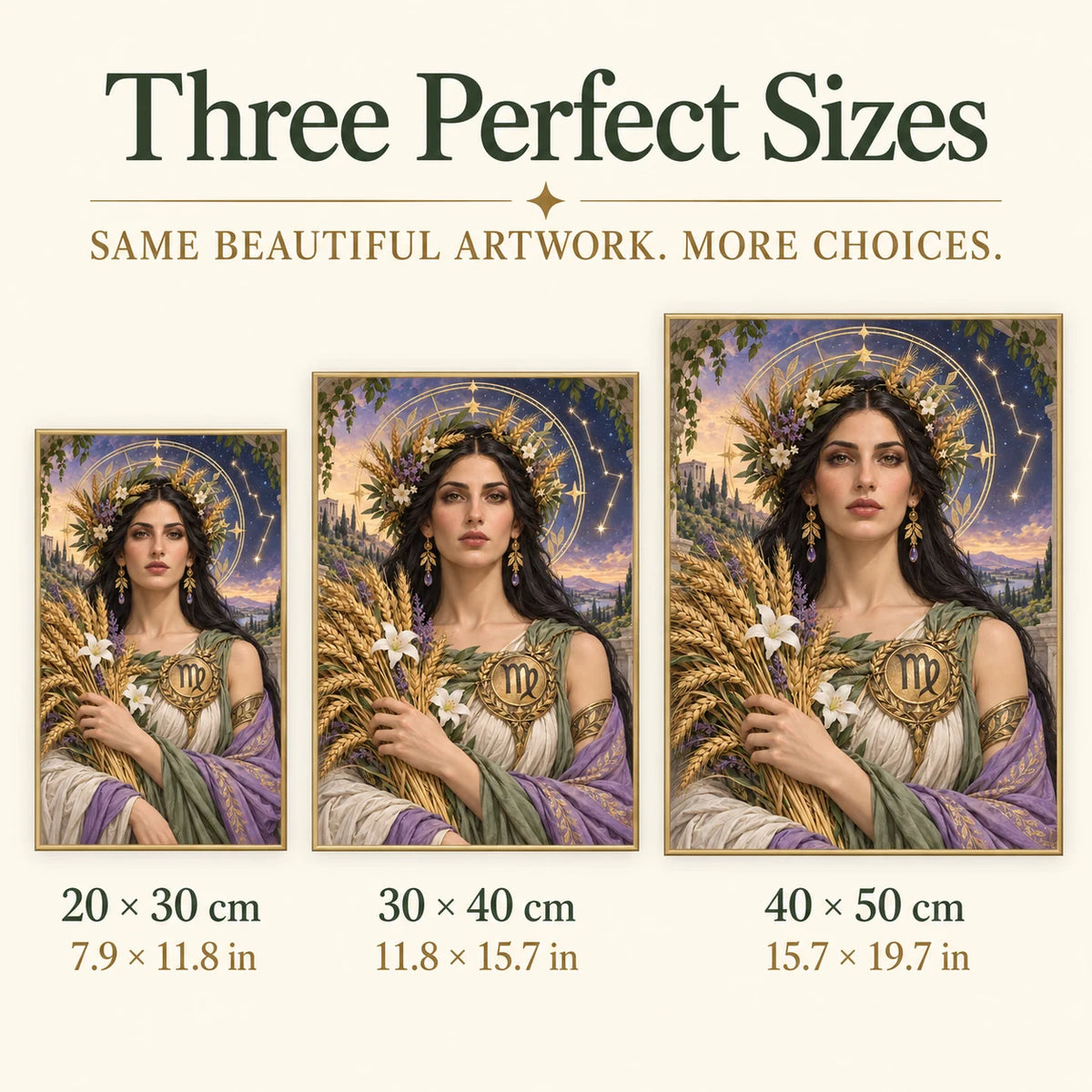 Three-size guide 20 × 30, 30 × 40, 40 × 50 cm for Virgo wheat maiden