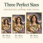 Size guide for the Virgo mythic wheat maiden in three portrait sizes.