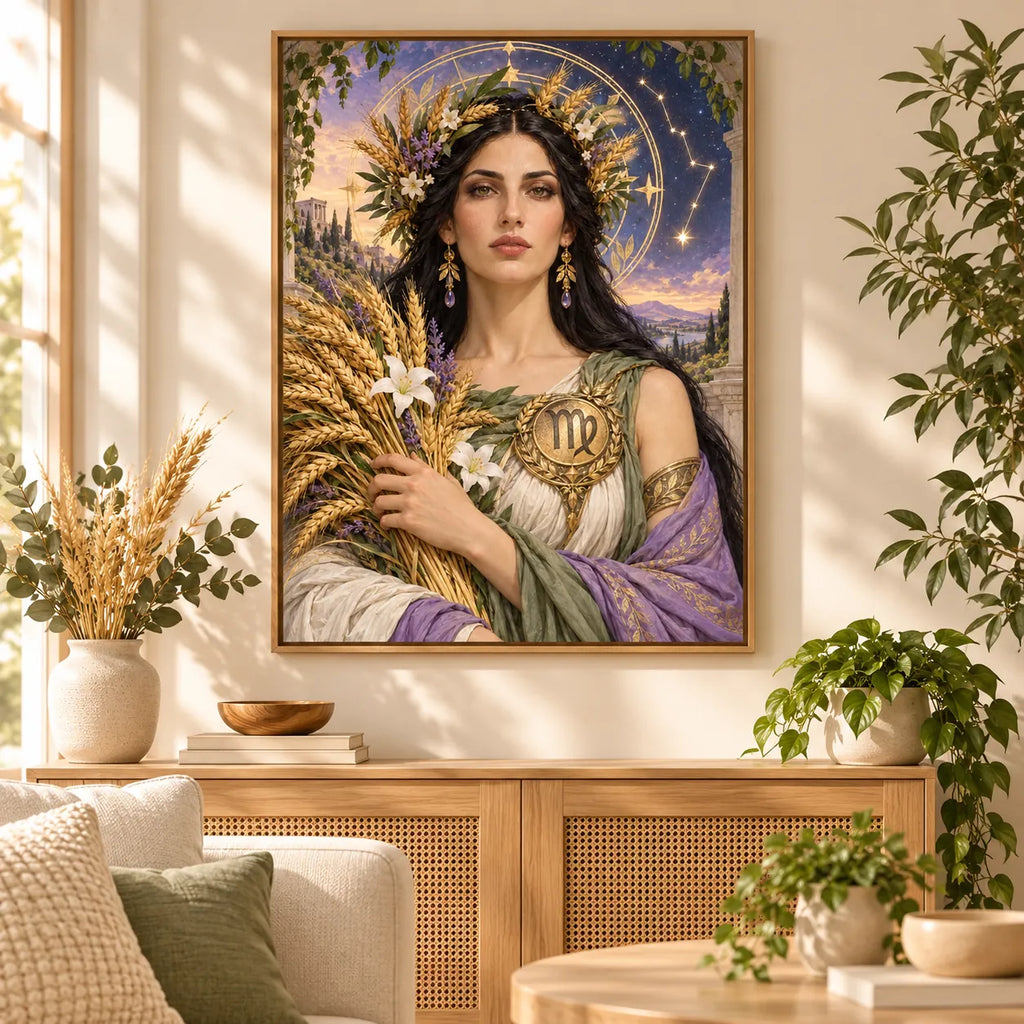 Framed Virgo wheat maiden diamond painting displayed in a calm home setting.