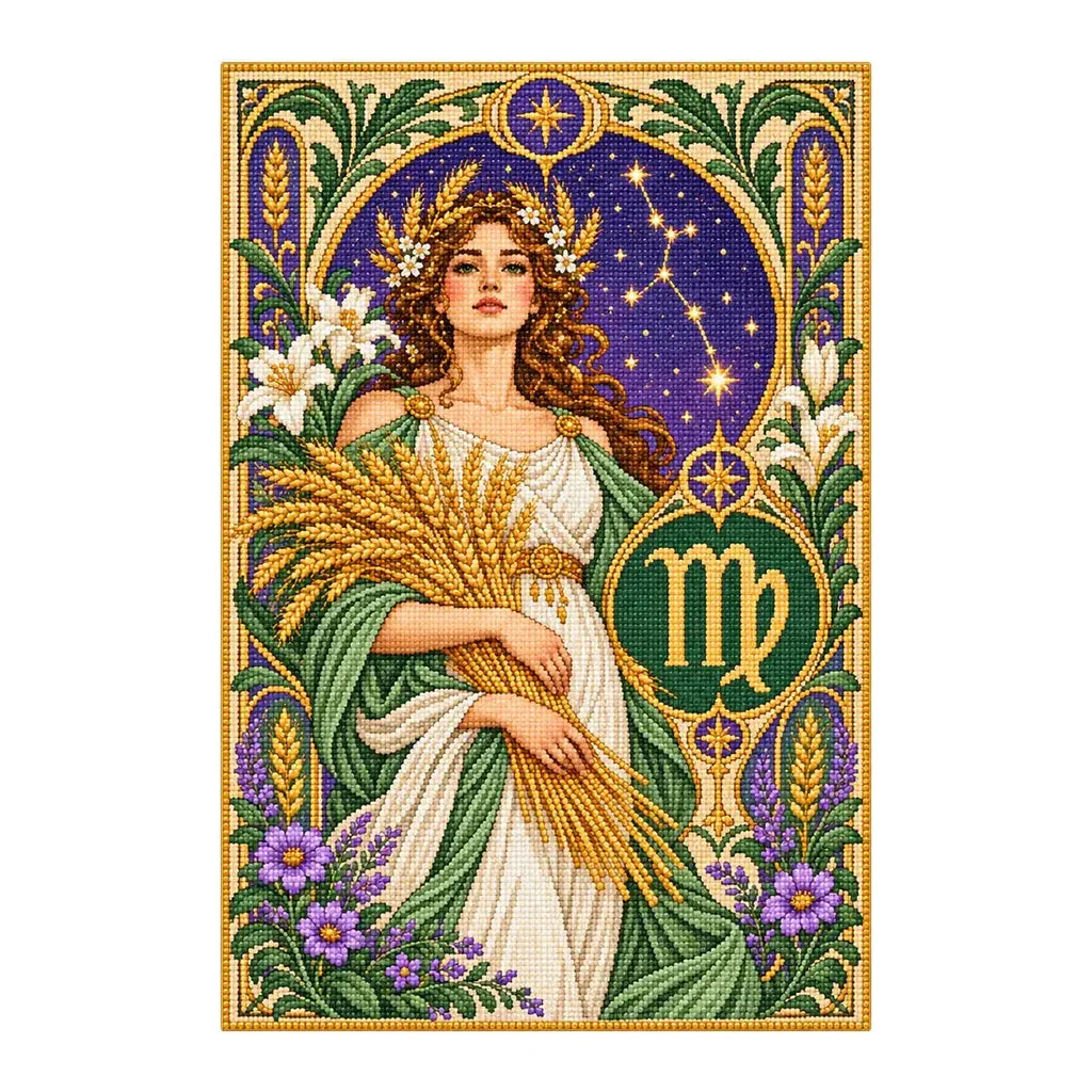 Finished Virgo wheat maiden diamond painting with sparkling drills on a white background