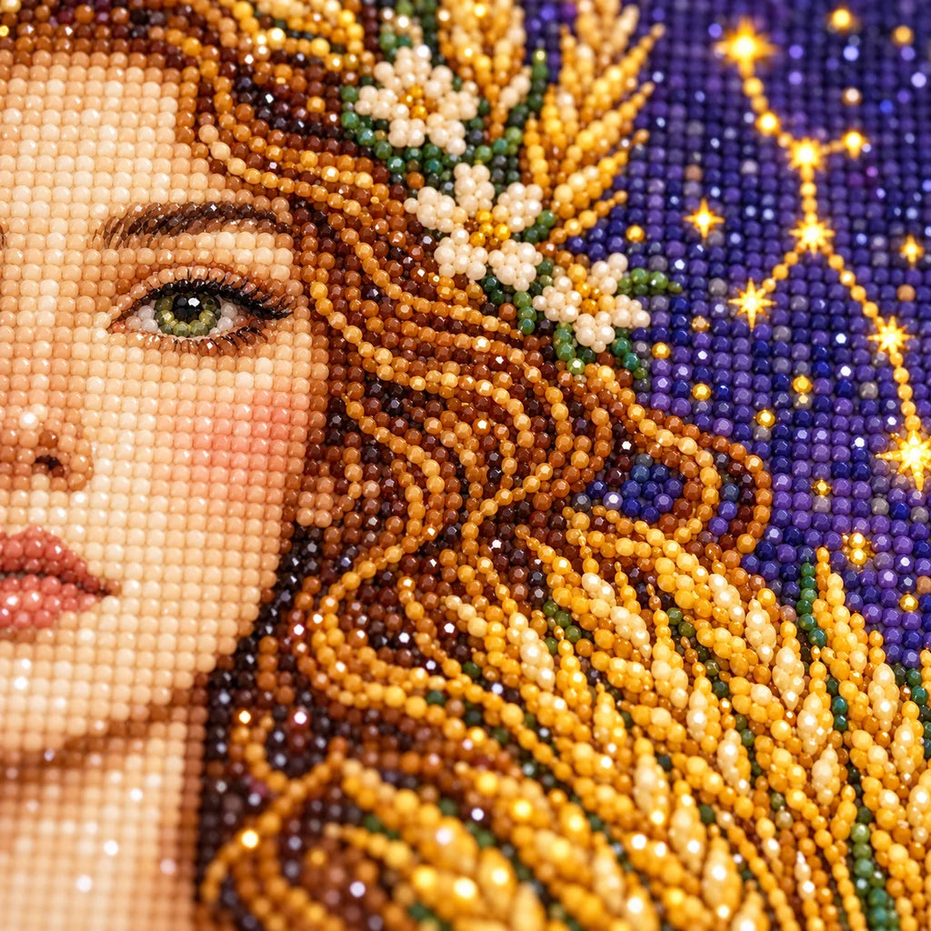 Close-up of diamond drills in the Virgo maiden portrait and wheat design
