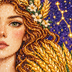 Close-up of diamond drills in the Virgo maiden portrait and wheat design
