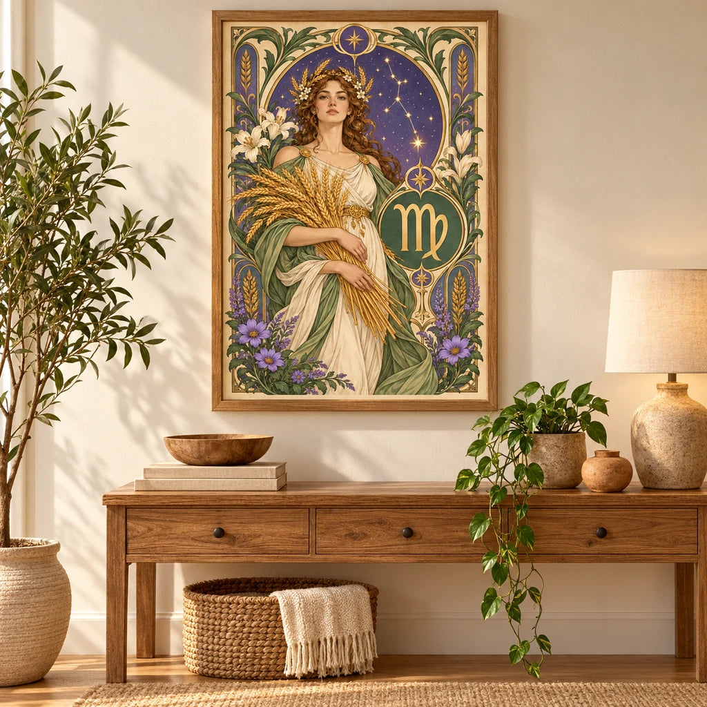 Virgo wheat maiden diamond painting displayed as framed home decor