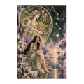Original Virgo zodiac artwork showing a seated maiden holding wheat beneath a larger maiden constellation beside moonlit water.