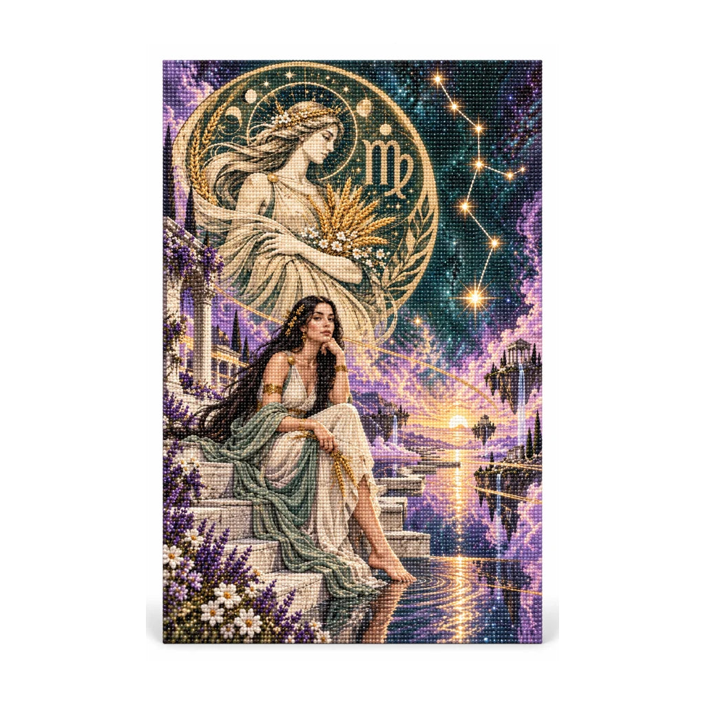Diamond painting version of the Virgo moonlit wheat maiden artwork on a white background.