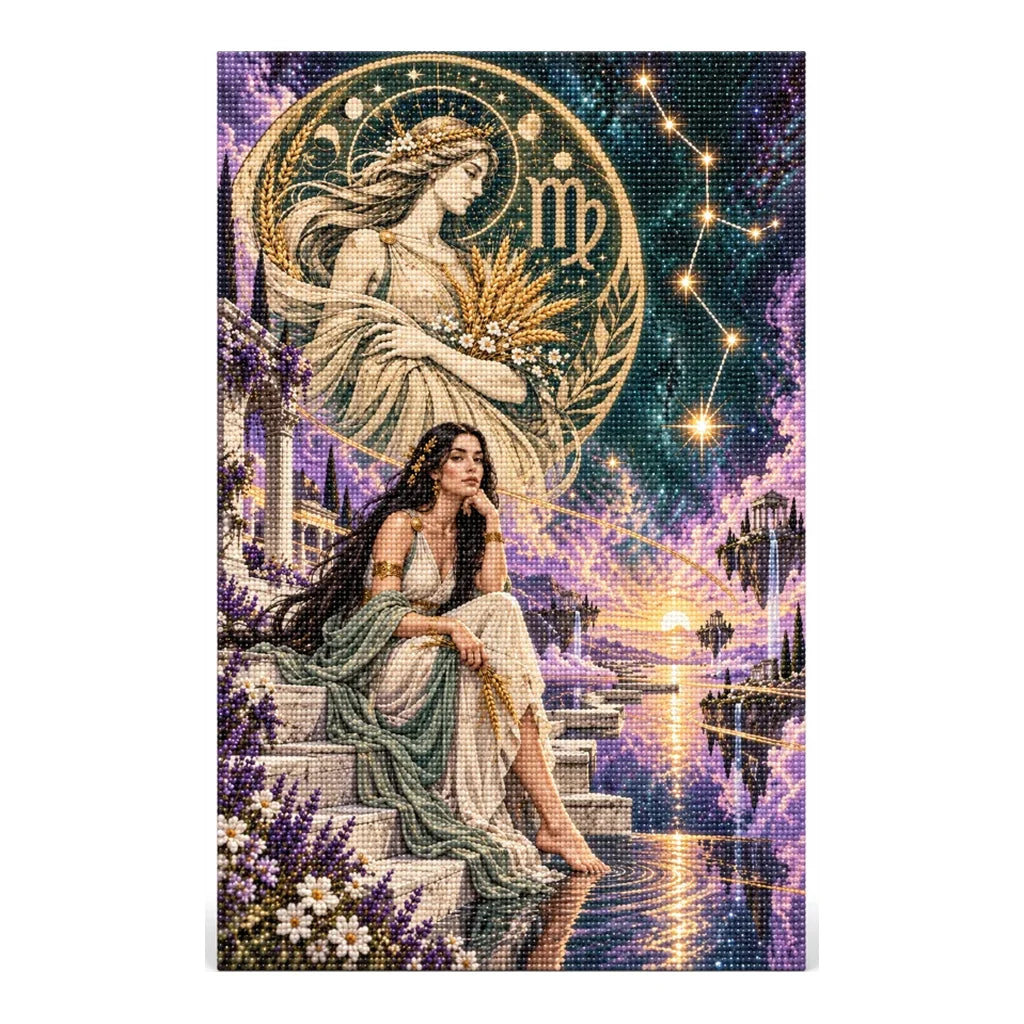 Diamond painting version of the Virgo moonlit wheat maiden artwork on a white background.