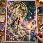 Hands placing drills on the Virgo starry waterfall diamond painting canvas.