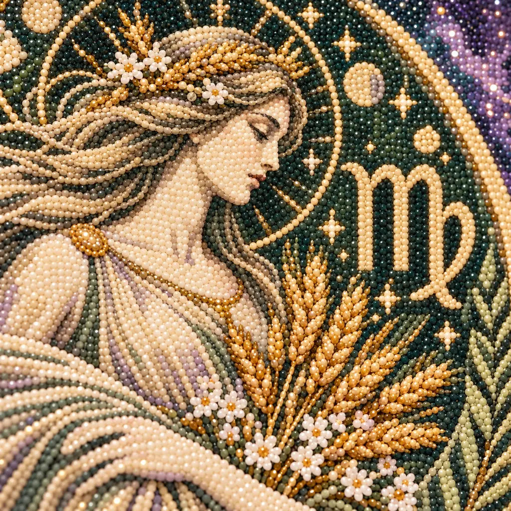 Close-up of the Virgo maiden and wheat rendered in sparkling diamond drills.