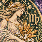 Close-up of the Virgo maiden and wheat rendered in sparkling diamond drills.
