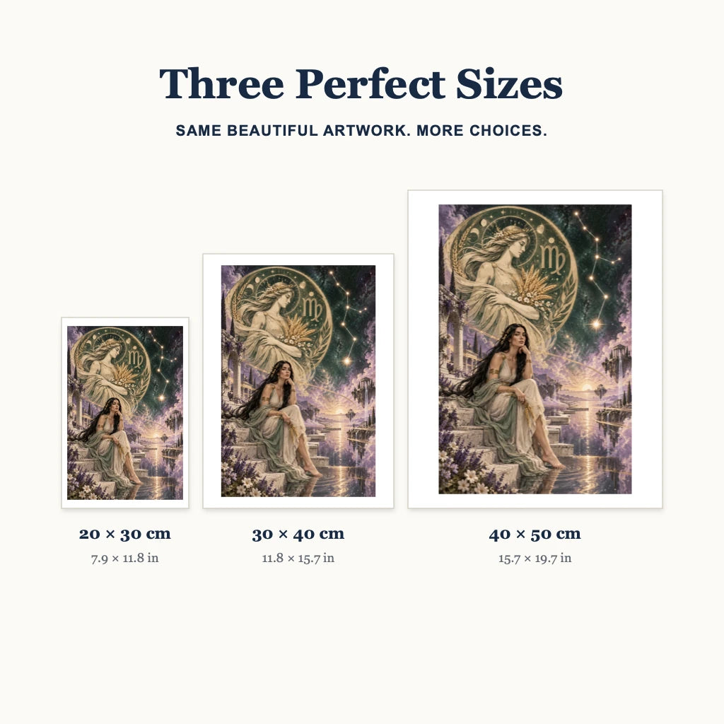 Virgo starry waterfall diamond painting size guide for 20 × 30, 30 × 40, and 40 × 50 cm.