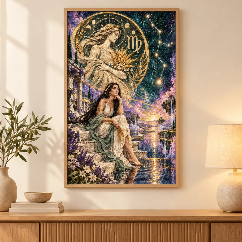 Framed Virgo starry waterfall maiden diamond painting displayed in a living room.