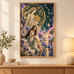 Framed Virgo starry waterfall maiden diamond painting displayed in a living room.