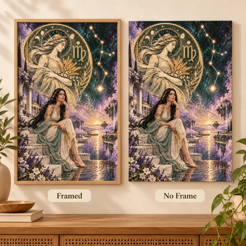 Virgo starry waterfall maiden diamond painting shown in framed and no-frame styles.