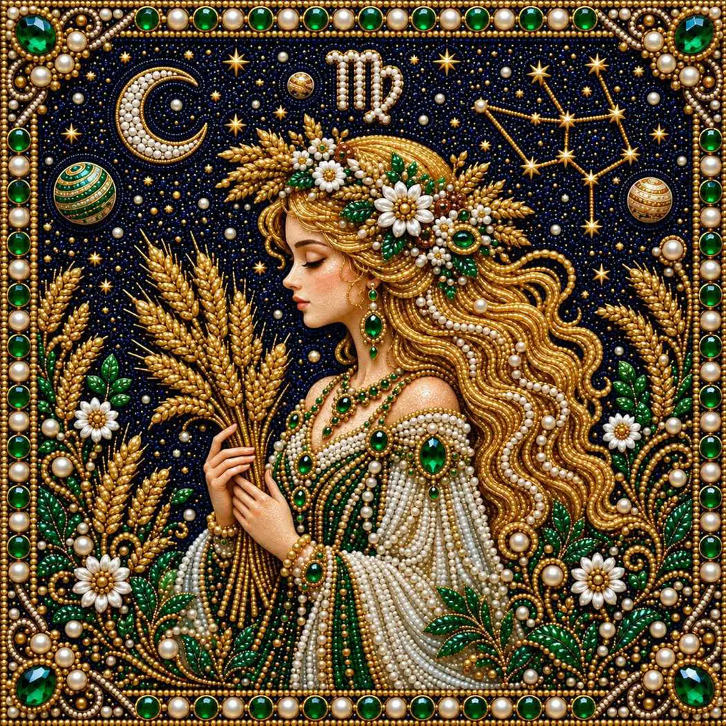 Close-up of glossy pearls and printed canvas in the virgo design
