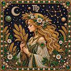 Close-up of glossy pearls and printed canvas in the virgo design