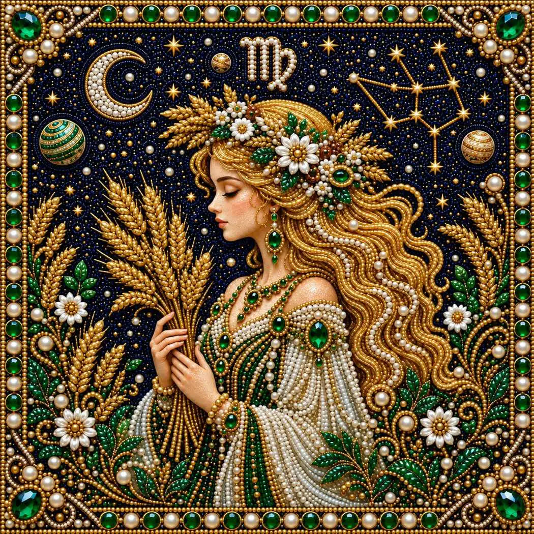 Close-up of glossy pearls and printed canvas in the virgo design