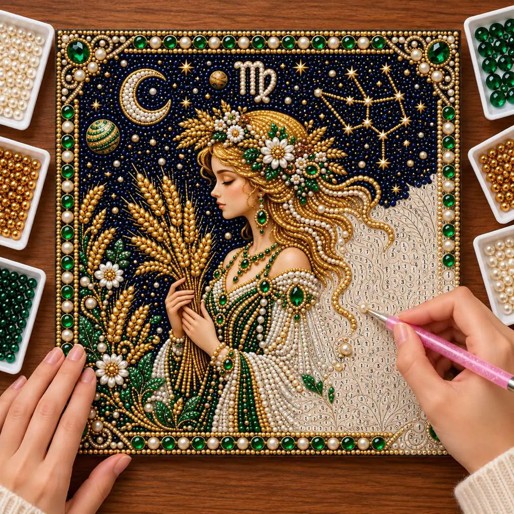 Pearl placement process on the virgo printed canvas