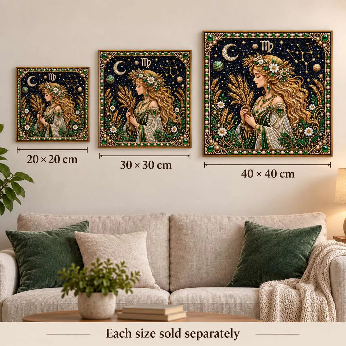 virgo artwork size comparison for 20, 30 and 40 cm options; each sold separately