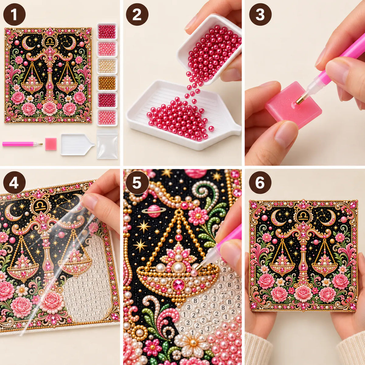 Six illustrated steps for placing pearls on the virgo design