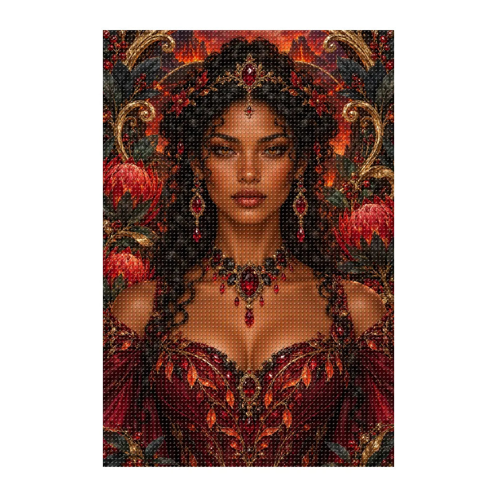 Finished white-background diamond painting of Volcanic Garden Keeper