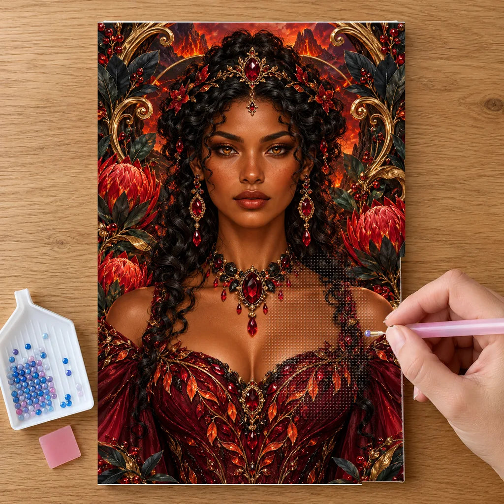 Hands placing drills on the Volcanic Garden Keeper diamond painting canvas