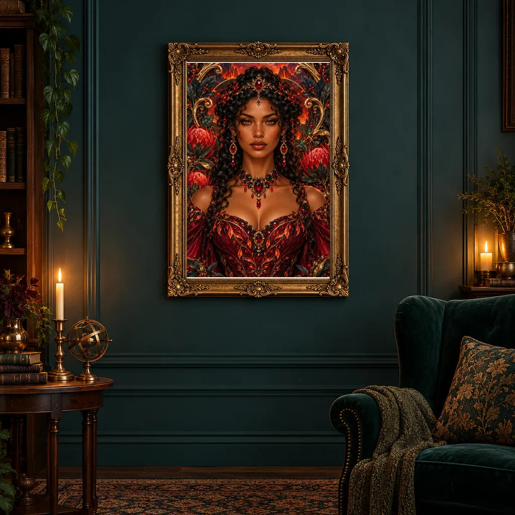 Framed Volcanic Garden Keeper diamond painting displayed in a home interior