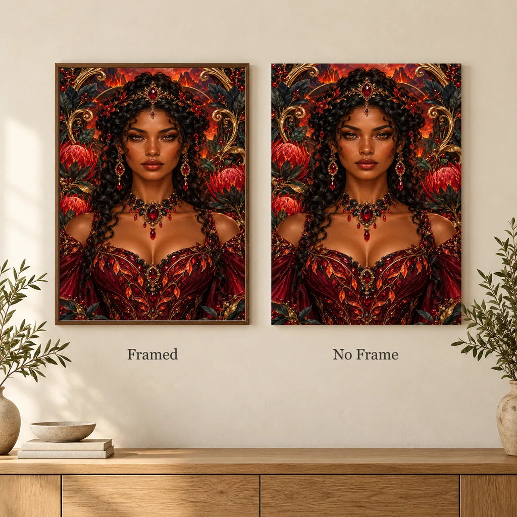 Framed and no-frame options for the Volcanic Garden Keeper diamond painting