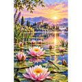 Water Lilies Dragonfly Sunrise — original artwork on a clean white background