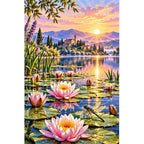 Water Lilies Dragonfly Sunrise — original artwork on a clean white background