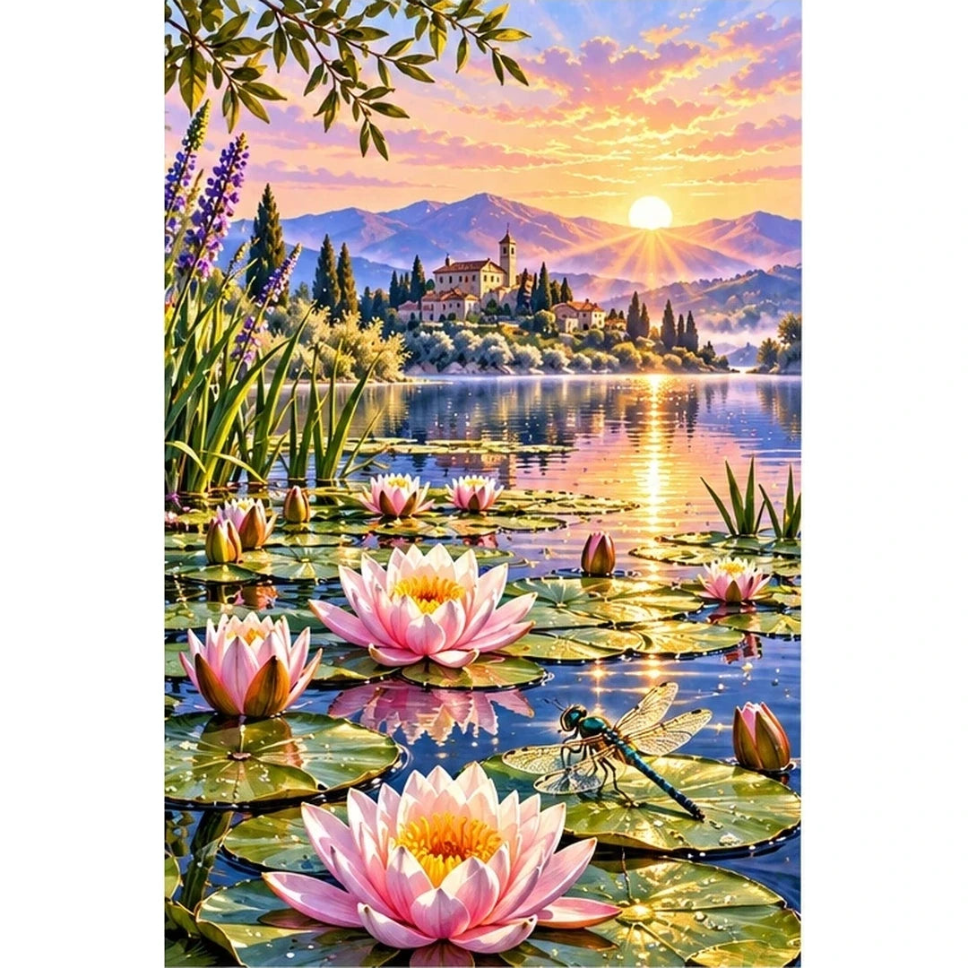 Water Lilies Dragonfly Sunrise — original artwork on a clean white background