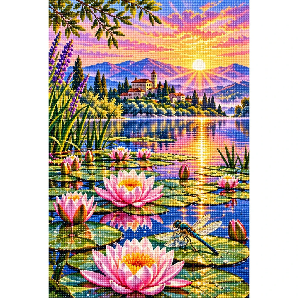 Water Lilies Dragonfly Sunrise — finished diamond painting on a white background