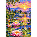 Water Lilies Dragonfly Sunrise — finished diamond painting on a white background