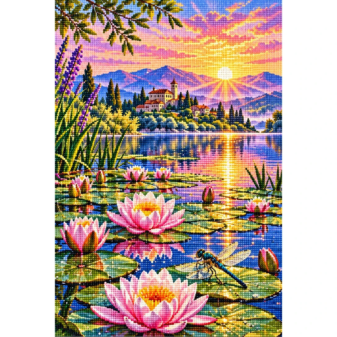 Water Lilies Dragonfly Sunrise — finished diamond painting on a white background