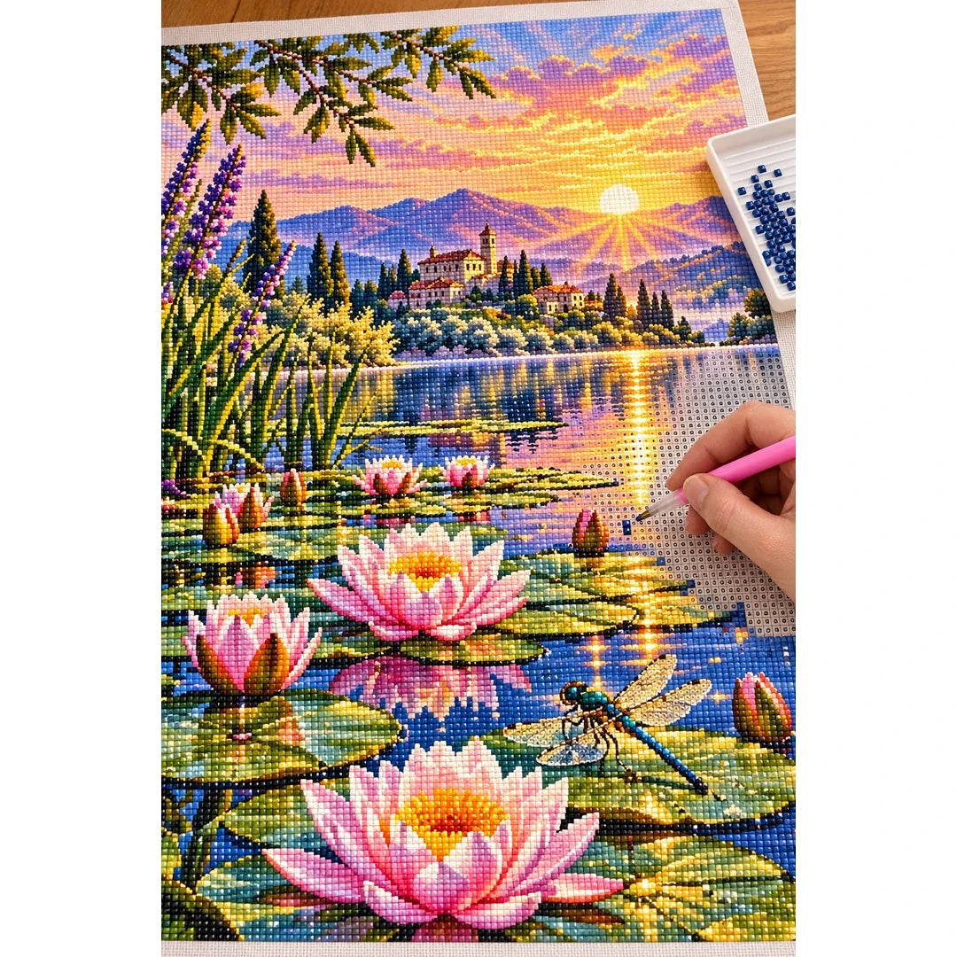 Water Lilies Dragonfly Sunrise — diamond painting process with applicator pen