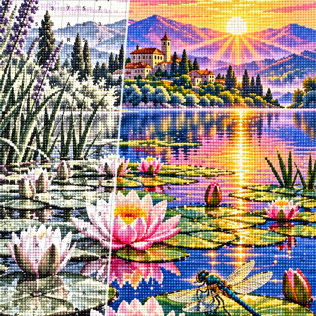 Water Lilies Dragonfly Sunrise — close-up canvas and resin drill detail