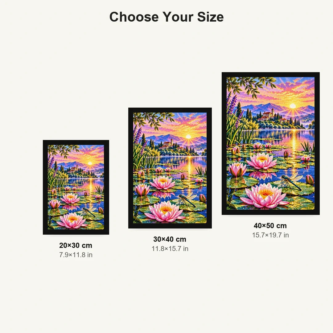 Water Lilies Dragonfly Sunrise — size comparison for 20 × 30, 30 × 40 and 40 × 50 cm