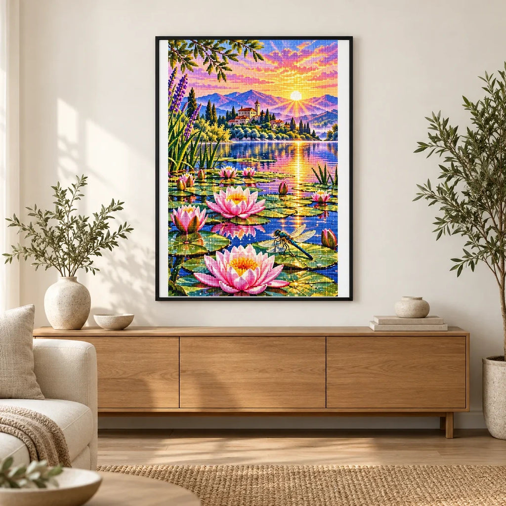 Water Lilies Dragonfly Sunrise — finished diamond painting displayed in a home interior