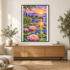Water Lilies Dragonfly Sunrise — finished diamond painting displayed in a home interior