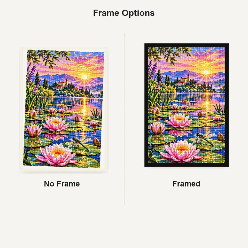 Water Lilies Dragonfly Sunrise — No Frame and Framed style comparison