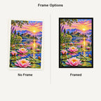 Water Lilies Dragonfly Sunrise — No Frame and Framed style comparison