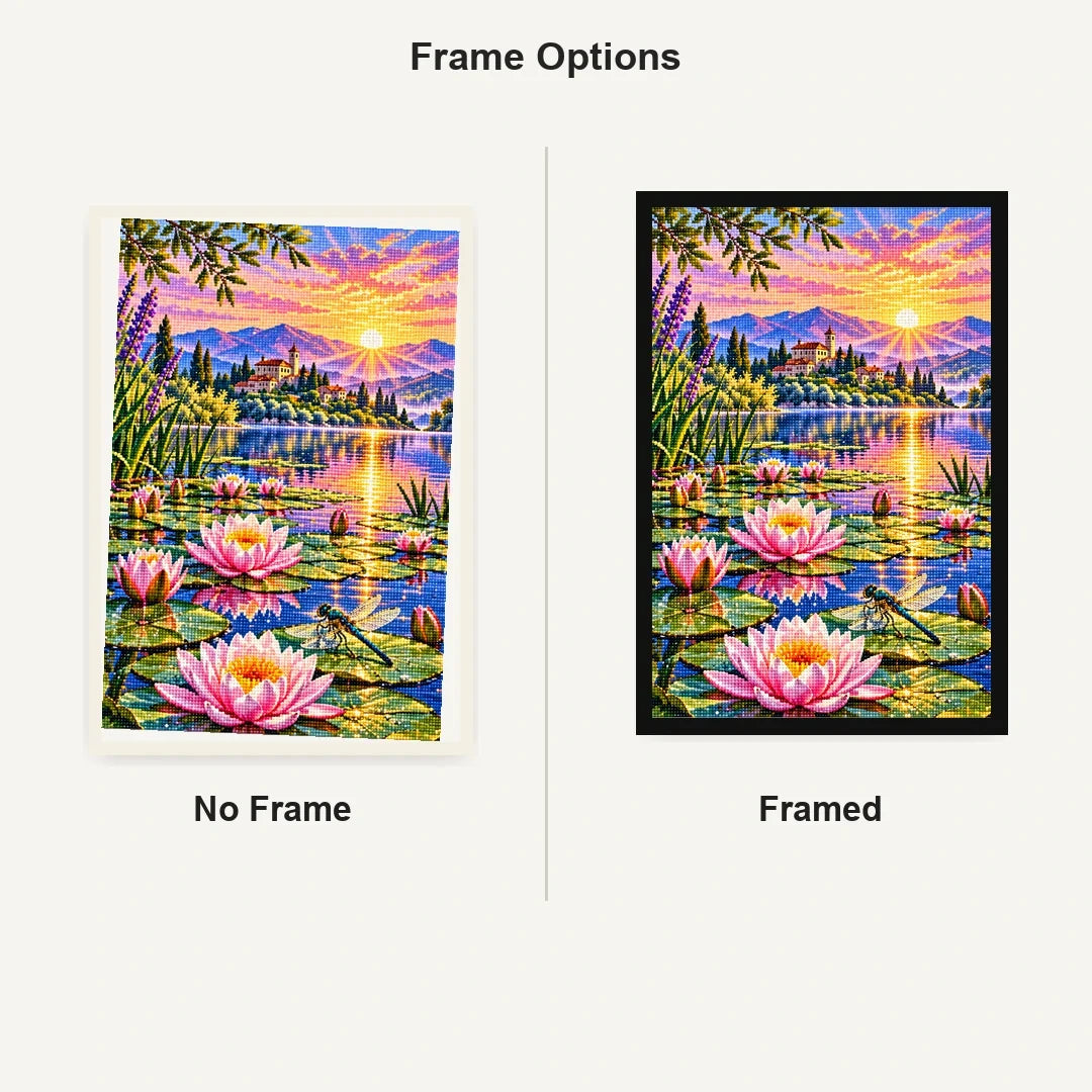 Water Lilies Dragonfly Sunrise — No Frame and Framed style comparison