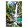 Original white-background artwork of a tall waterfall in a mossy forest gorge